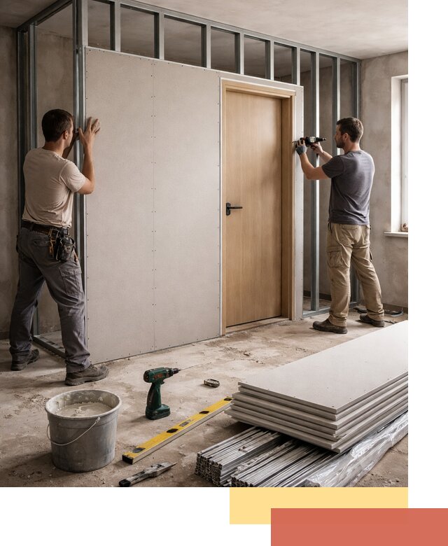 Перегородка из гипсокартона с дверью под ключ в Полевском