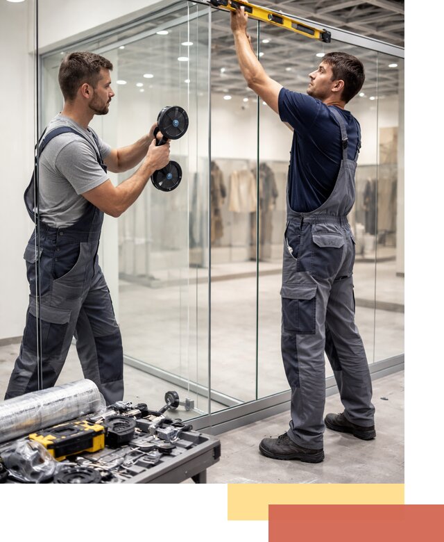 Стеклянные перегородки для магазинов в Полевском — монтаж и установка