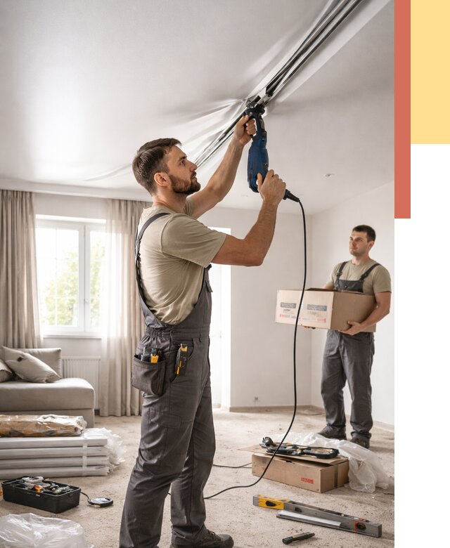 Монтаж сатинового натяжного потолка в Полевском от 3593 руб. | Быстро, недорого — ОТДЕЛОЧНИК-Плв