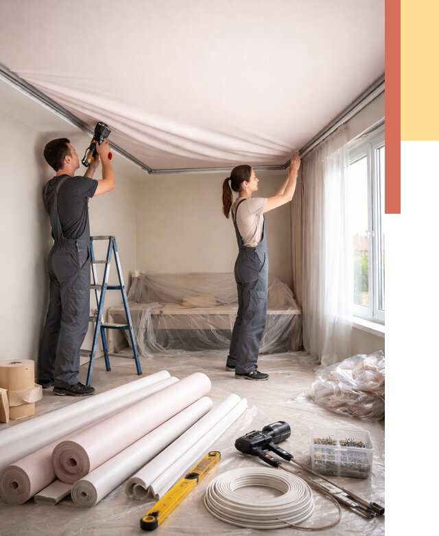 Монтаж цветного натяжного потолка в Полевском от 4311 руб/м² — быстро и недорого | ОТДЕЛОЧНИК-Плв