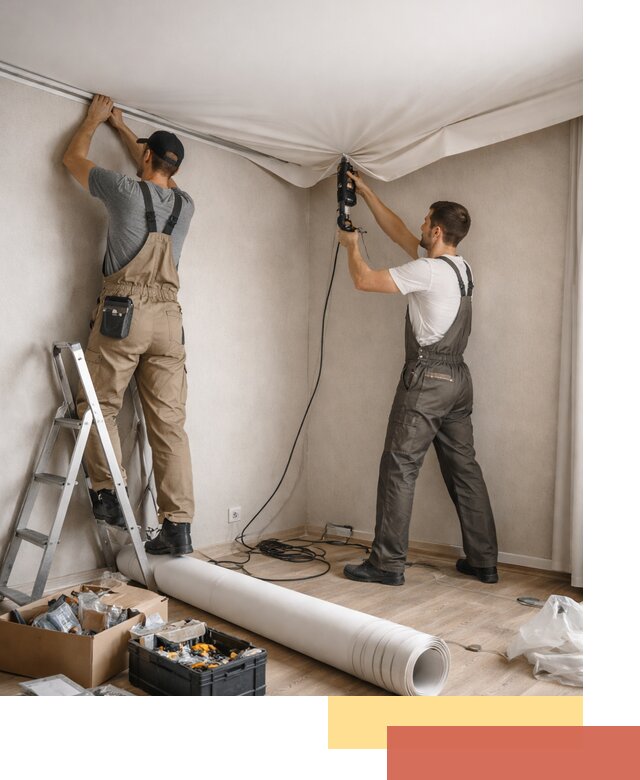 Монтаж цветного натяжного потолка в Полевском за один день