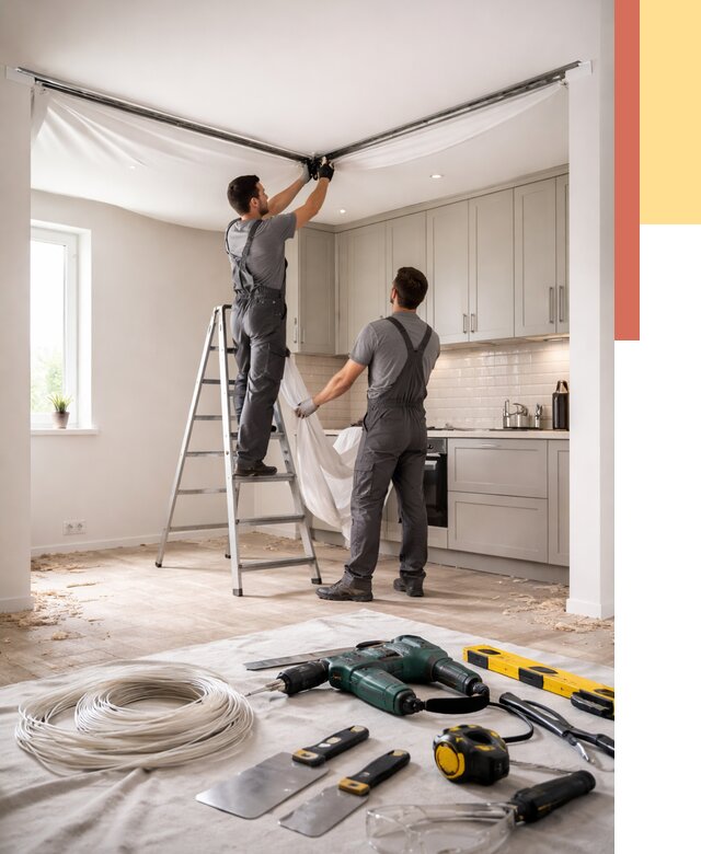 Установка натяжного потолка на кухне в Полевском от 2464 руб. | ОТДЕЛОЧНИК-Плв