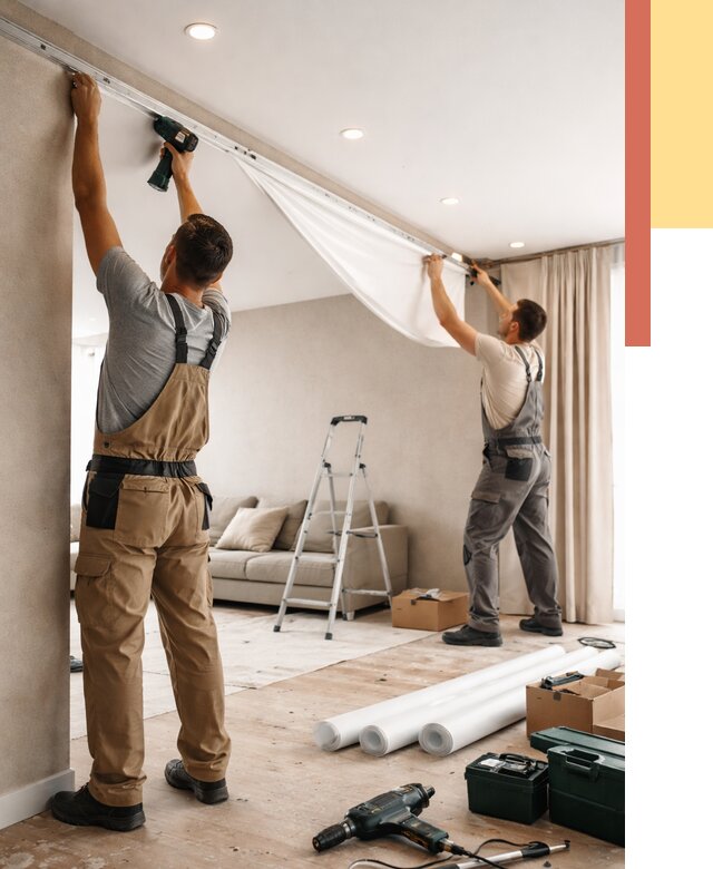 Монтаж натяжного потолка в гостиной в Полевском от 565 руб. | ОТДЕЛОЧНИК-Плв