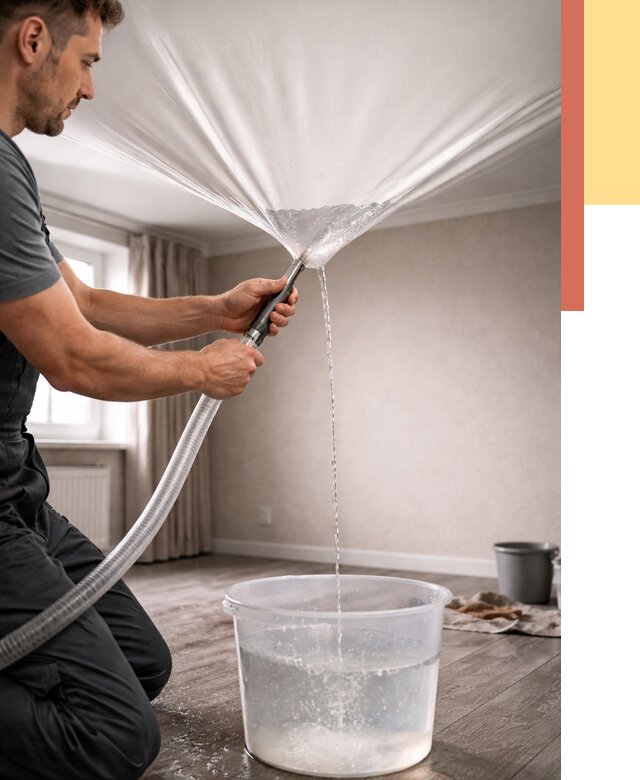 Слив воды с натяжного потолка в Полевском от 2566 руб. быстро и недорого | ОТДЕЛОЧНИК-Плв