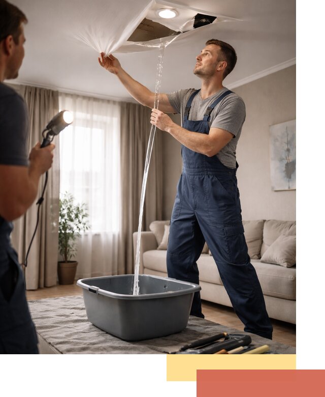 Слив воды с натяжного потолка в Полевском быстро и аккуратно