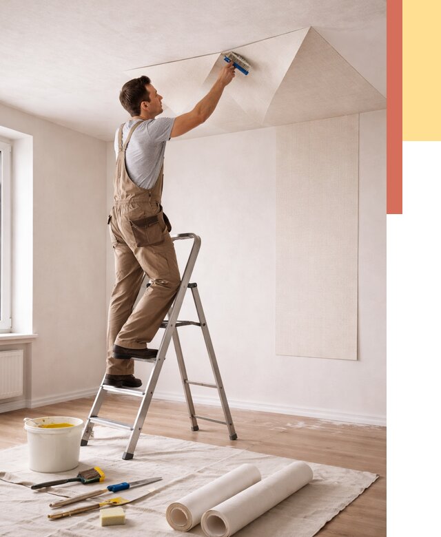 Поклейка обоев на потолок в Полевском от 4619 руб. быстро и недорого | ОТДЕЛОЧНИК-Плв